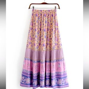 Maxi Skirt Vintage chic fashion Hippie Bohemian Purple Pink and Yellow Floral